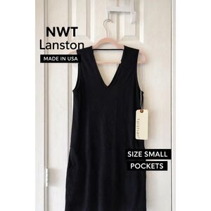 Lanston‎ Black Sleeveless V-Neck Shift Dress Women's Small Made USA Pockets NWT